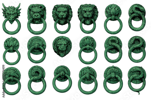 Collection of green door knockers with various designs including animals and plants in a decorative pattern