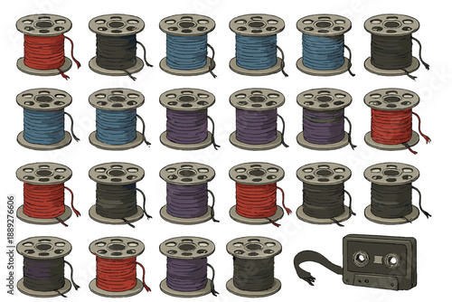 Old tape reels and a cassette for audio recording on a plain background in a simple layout showing various colors and types