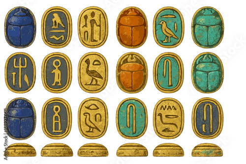 Ancient Egyptian hieroglyphs and symbols displayed in gold and colored stone on a white background