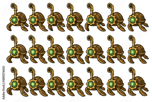 Robot turtles shown in a grid design with mechanical claws and green lights in a simple layout on a white background