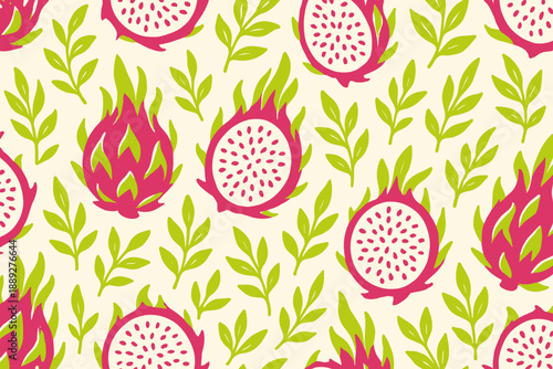 Bright pattern of dragon fruit and green leaves on a light background showing a fun fruit design ideal for fabric or wallpaper