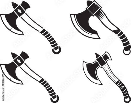 four black and white illustrations of axes with handles