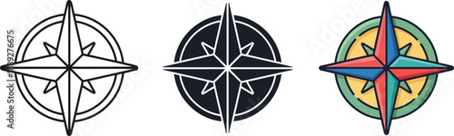 Collection of compass rose icons in outline, silhouette, and colorful styles for navigation isolated on white background, Vector
