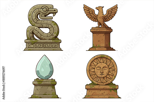 Ancient stone carvings depict various symbols in a collection that showcase shapes and forms