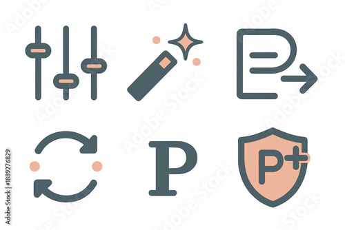 Icons showing control, magic effect, movement, refresh action, letter P, and protection symbol in simple design