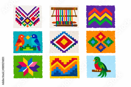 Guatemalan textile icon set in handcrafted vector style