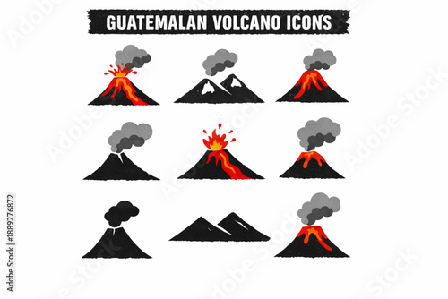 Guatemalan volcano icon set in handcrafted vector style