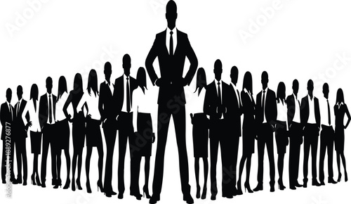 Business leadership, silhouette, corporate team, central figure, authority, teamwork, formal attire, unity, business concept, professional group, confident pose, hierarchy, business people