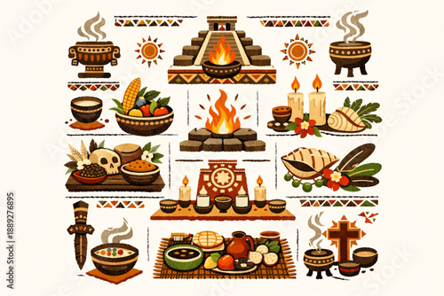 Mayan ceremonial icon set in vector style