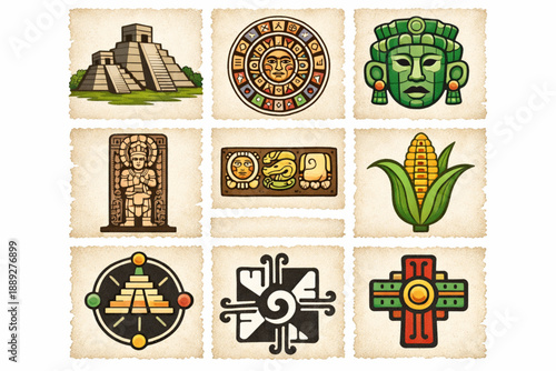 Mayan civilization icon set in handcrafted vector style