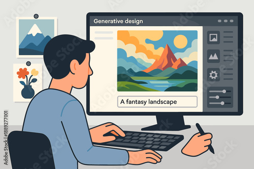 Person works on a computer to create a fantasy landscape design using generative design software in a bright room