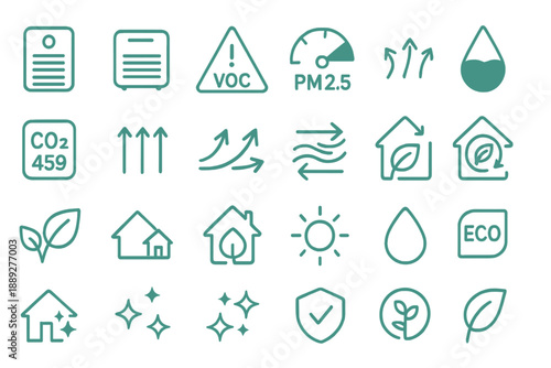 Symbols representing environmental data and sustainability measures used in urban planning and pollution control systems
