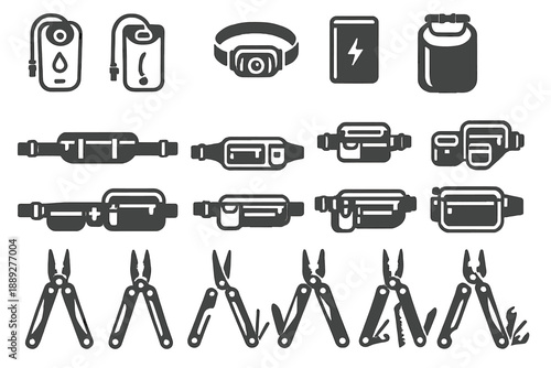 Different types of tools and gear for outdoor activities and repairs on display in a simple layout at a store