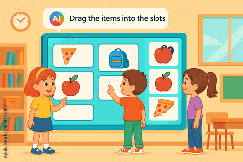 Children play an interactive game in a classroom, sorting items on a wall display during afternoon learning time