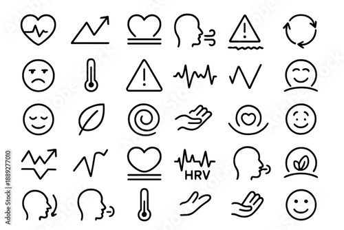 Icons representing health, emotions, and body signals designed for wellness applications and information, created in black and white lines