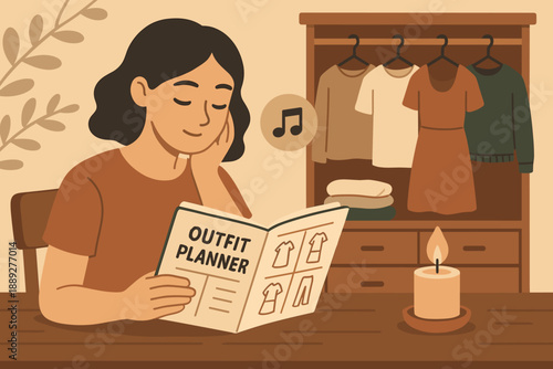 Woman plans outfits while sitting at a table with a candle and a closet full of clothes in a cozy indoor space