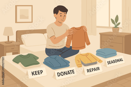 Sorting clothes at home for keeping, donating, repairing, or seasonal storage during a weekend organization session