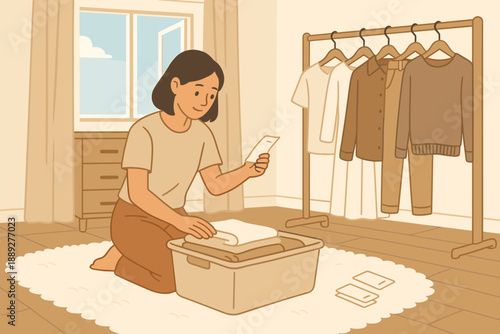 Person folds clothes and organizes a storage box inside a room with a window and a clothes rack