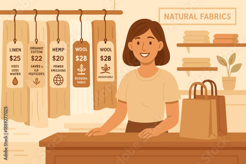 Woman stands behind a counter in a shop selling natural fabrics with prices displayed on tags