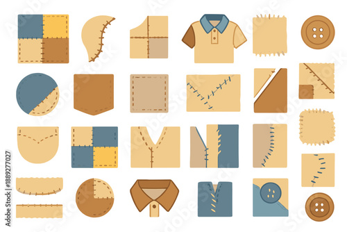 Various fabric patches and sewing patterns arranged in a grid showing different designs and colors at a craft studio