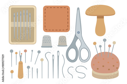 Crafting tools arranged on a flat surface for sewing and embroidery activities in a workspace setting during daylight