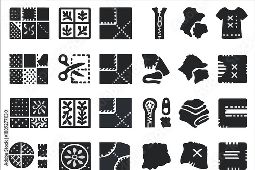 Patterns and designs for fabric, sewing, and crafting are shown on a white background in various styles and shapes during the day