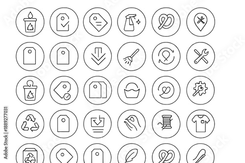 Collection of simple icons showing various activities and tools related to cleaning, crafts, and organization
