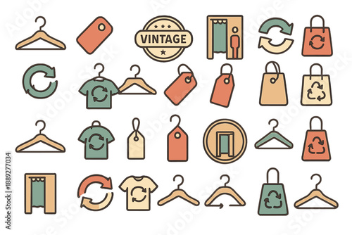 Vintage designs showing hangers, tags, and recycling symbols in a creative arrangement with a focus on clothing and shopping themes