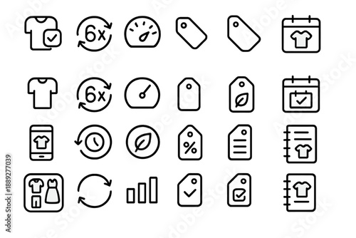 Various icons for clothing and inventory management along with performance metrics and scheduling tasks