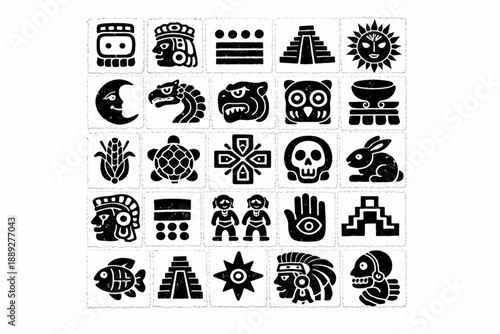 Mayan glyph and symbol icon set in vector style