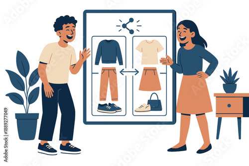 Two people talking about clothes in a room with a plant and a table