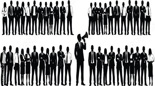 Silhouette, business leadership, corporate communication, teamwork, megaphone speaker, formal attire, group dynamics, announcement, organization, black design, office, strategy