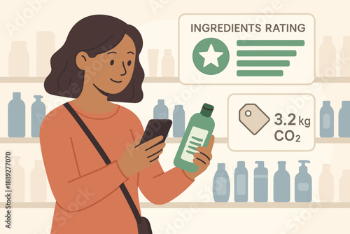 Woman checks product details on her phone while shopping in a store with various bottles displayed on shelves