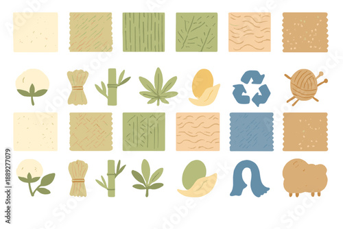 Patterns of natural materials and textures on a white background suitable for design and craft projects