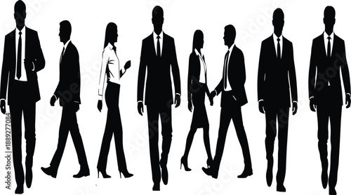 Silhouette, business people, formal attire, handshake, teamwork, professional pose, corporate scene, walking, standing, male, female, office, success
