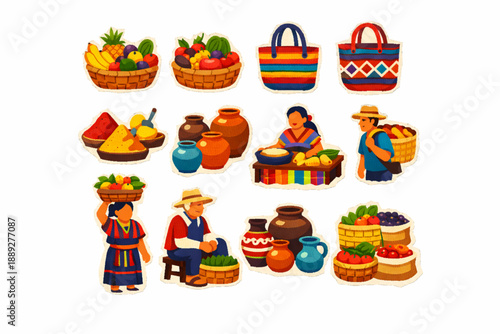 Guatemalan market life icon set in vector style