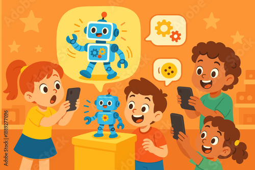 Kids enjoying fun time with robot and phones in a playful environment during a bright afternoon