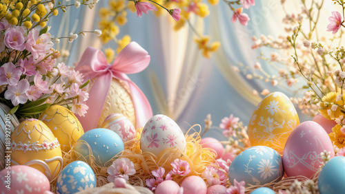 Elegant Easter still life with colorful decorated eggs and spring flowers