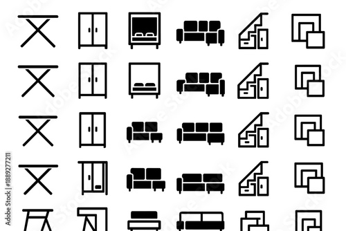 Collection of simple furniture icons showing tables, cabinets, sofas, stairs, and frames in a grid layout