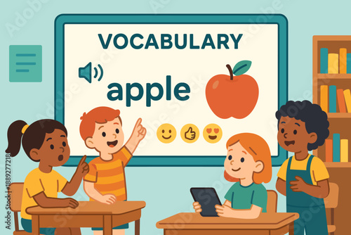 Children learn vocabulary in a classroom while discussing an apple image and using a tablet