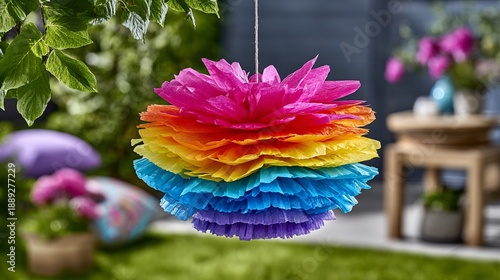 Vibrant multicolored paper pom-pom decoration hanging in a lush green garden setting with flowers