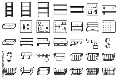 Many types of furniture and storage options for home organization and decoration shown together in one layout