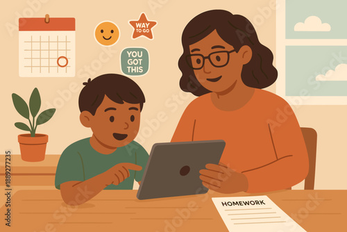 Child works on homework with parent using a tablet in a simple indoor setting during the day