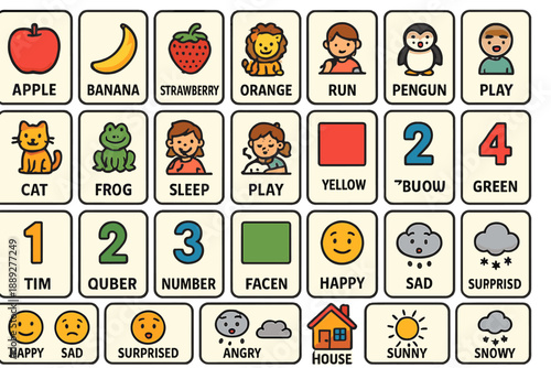 Children learn words and activities with fun visual cards in a classroom environment during the day