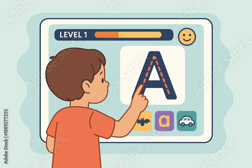 Child learns letters on an educational app in a bright setting with fun graphics and interactive features