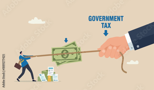 Fight for money, government asking for tax payment, company revenue market share, financial problem, pay debt or concept, big hand pulling money banknote tug war with small businessman