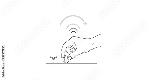Hand Planting Seedling with WiFi Signal Icon, Smart Farming and IoT Agriculture Concept on Isolated White Background