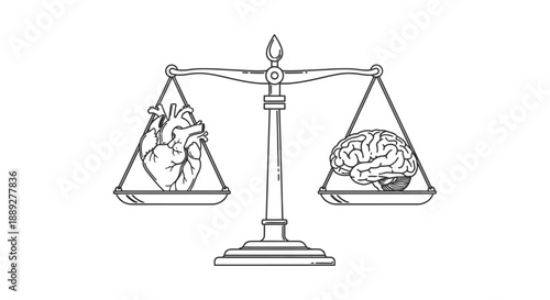 Balance Scale with Heart and Brain Icon, Emotional Intelligence Concept on Isolated White Background
