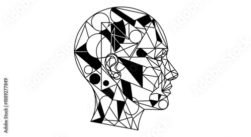 Human Head Profile with Abstract Geometric Patterns Representing AI or Digital Mind on Isolated White Background