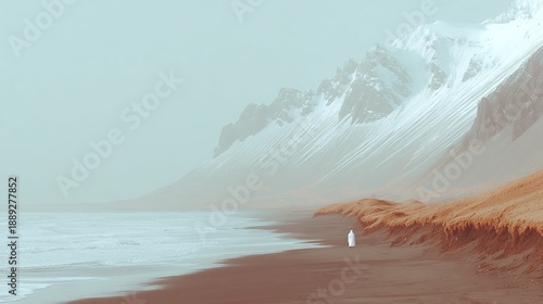 Solitary Figure Walking on a Remote Black Sand Beach with Snow-Covered Mountains